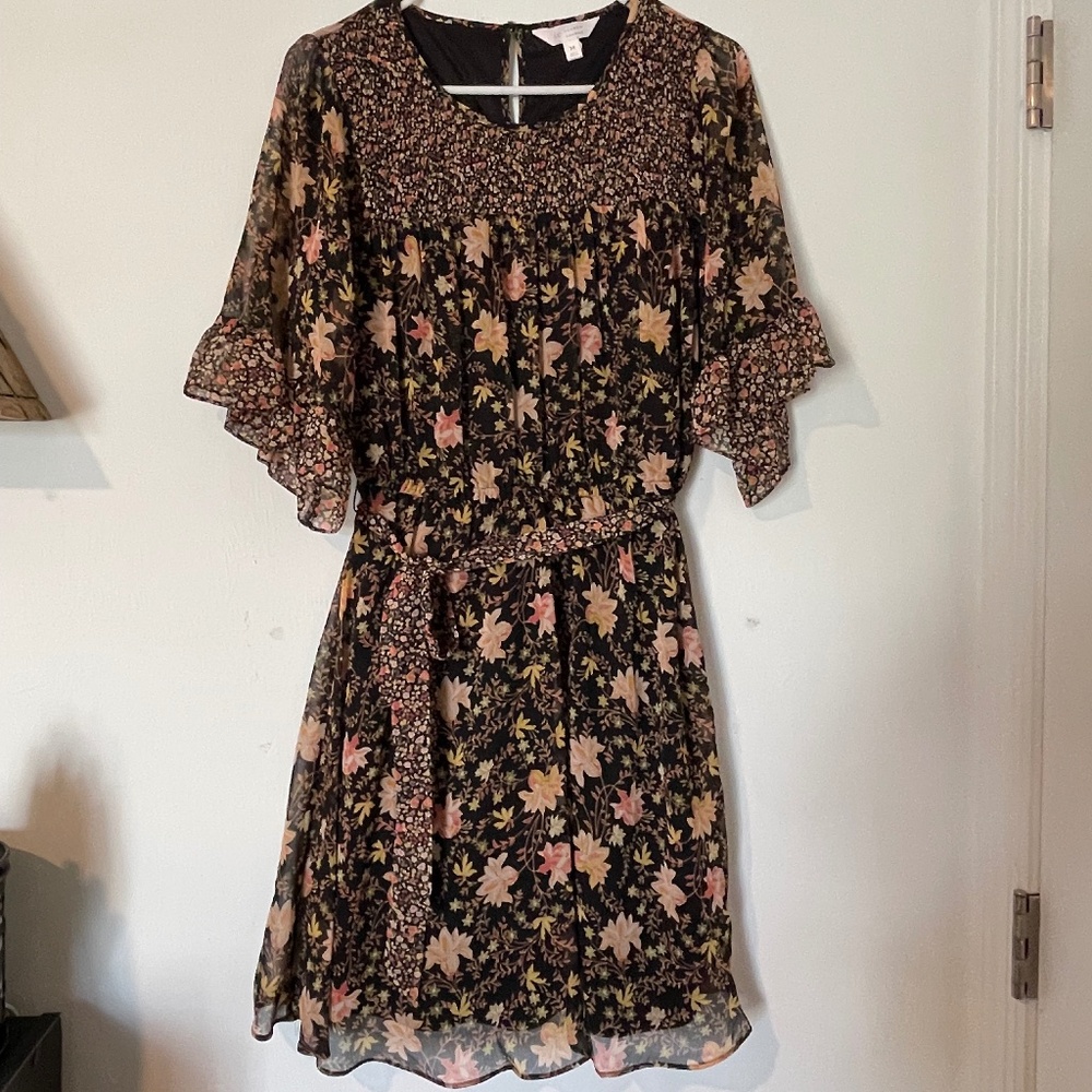 LC Lauren Conrad Black Floral Chiffon Ruffle Sleeveâ Dress M
